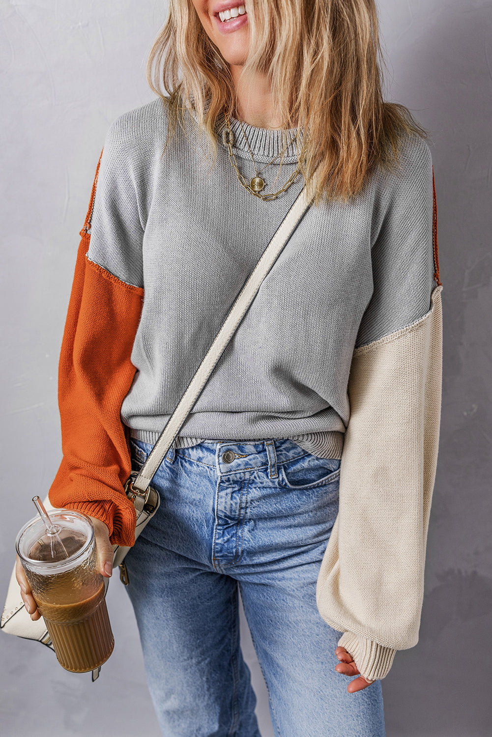 Colourblock Bishop Sleeve Ribbed Trim Sweater | Gray