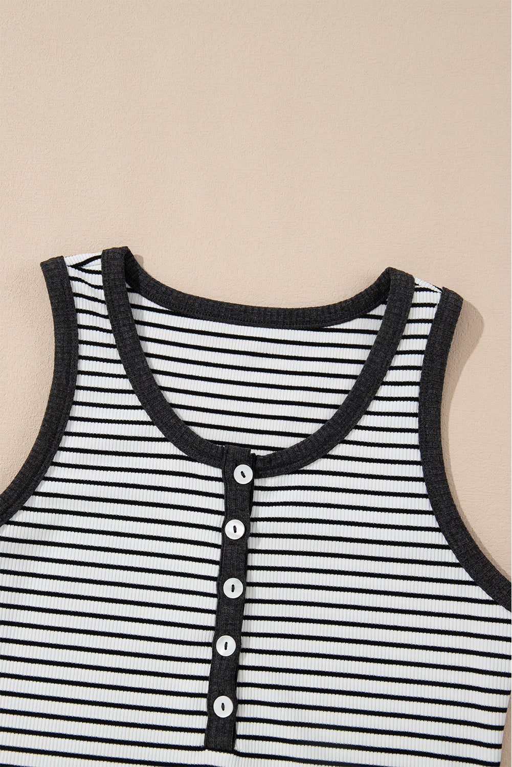 Ribbed Knit Buttoned U Neck Tank Top | White Stripe