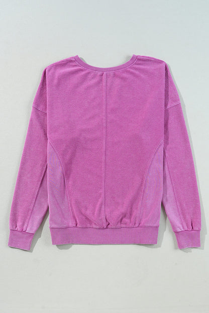 Solid Colour Notched Neck Drop Shoulder Sweatshirt | Bright Pink