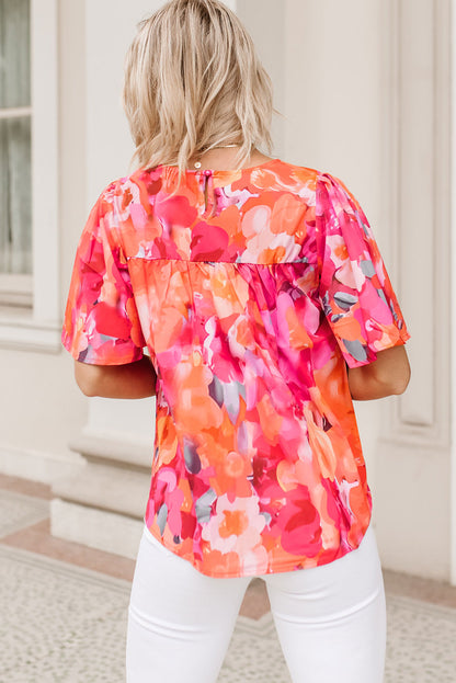 Fiery  Floral Print Wide Sleeve Blouse | Red