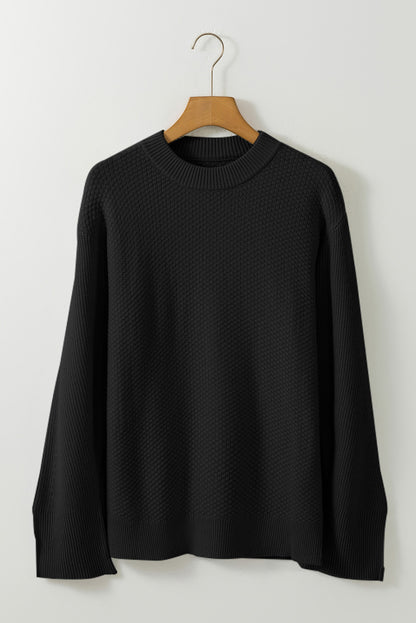 Solid Textured Knit Split Cuff Drop Shoulder Loose Sweater | Black