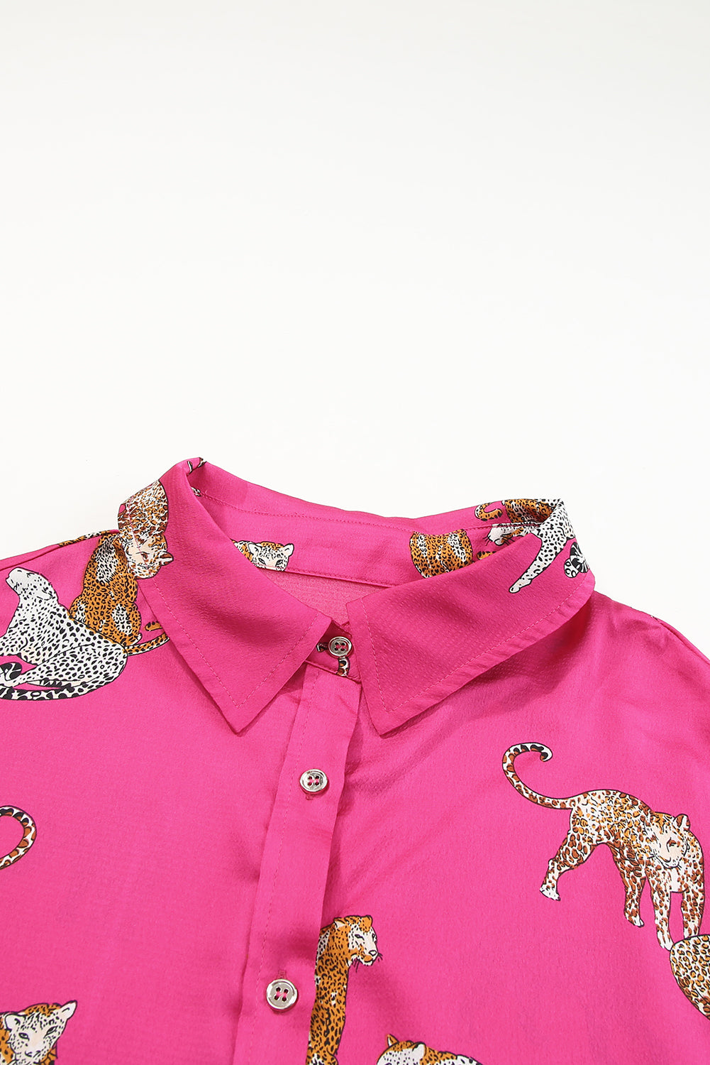 Rose Cheetah Animal Print Button Up Satin Shirt | Rose Red