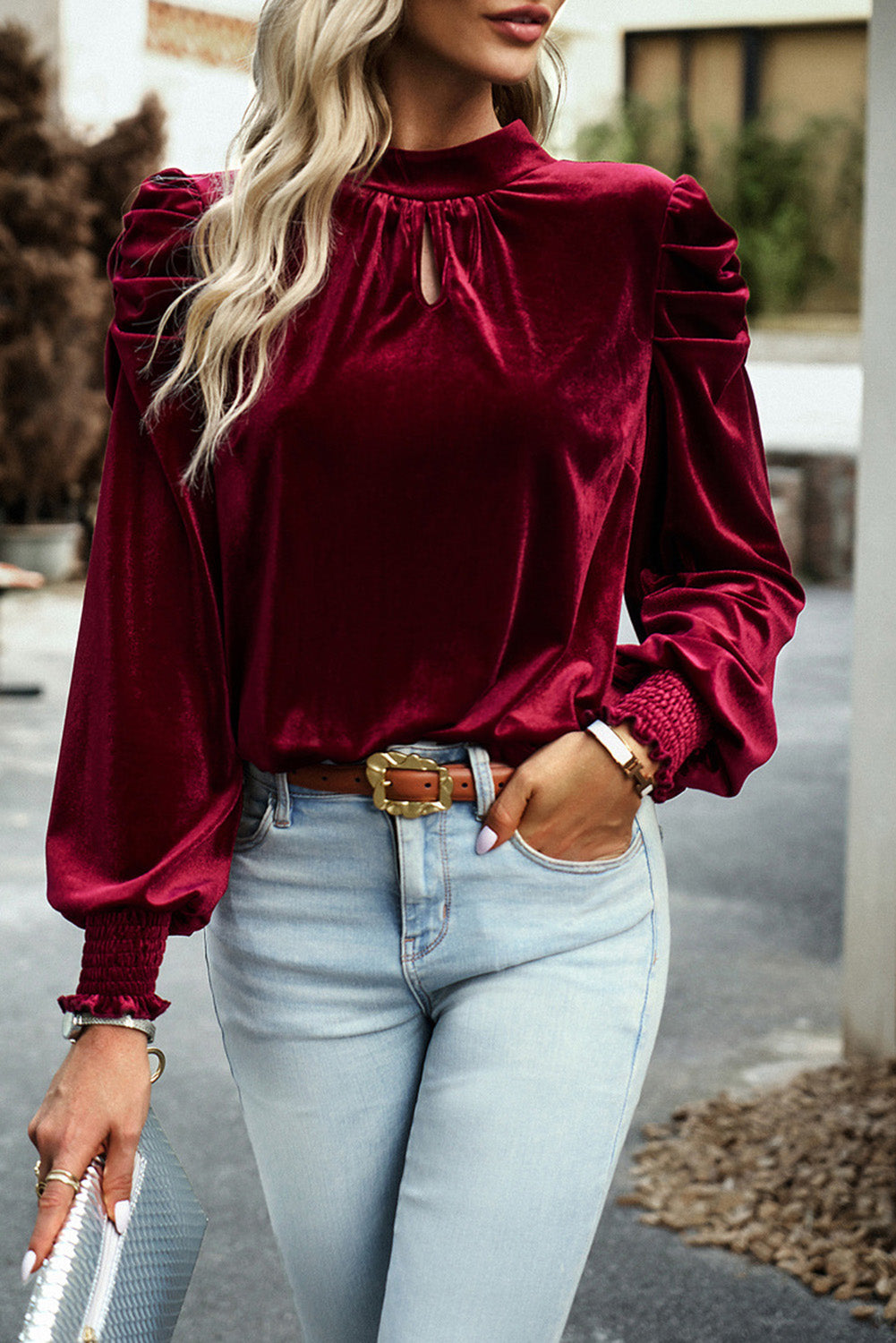 Fiery  Mock Neck Puff Sleeve Velvet Blouse | Red