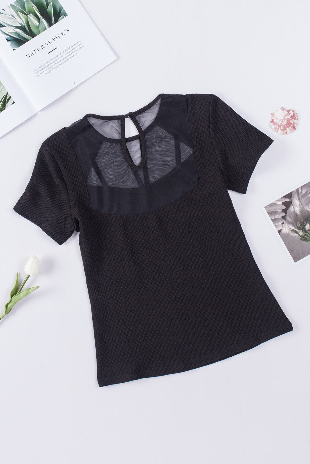 Contrast Mesh Knit Short Sleeve T-Shirt | Black