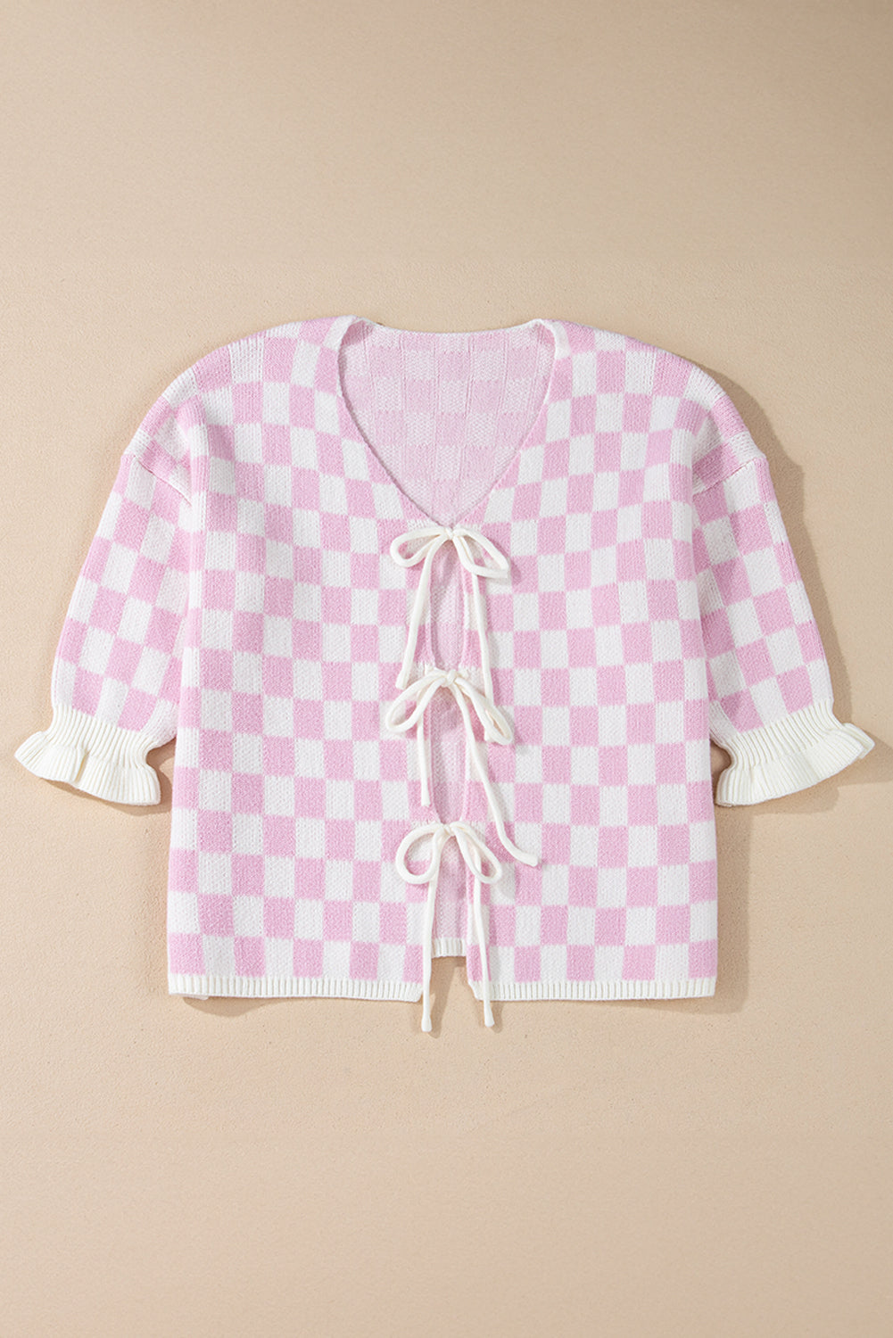 Checkered Knitted Lace-Up Ruffled 3/4 Sleeve Cardigan | Light Pink