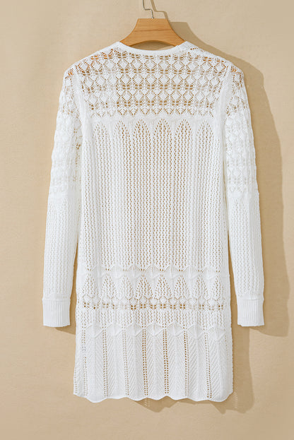 Crochet Hollow Out Open Front Cardigan | White