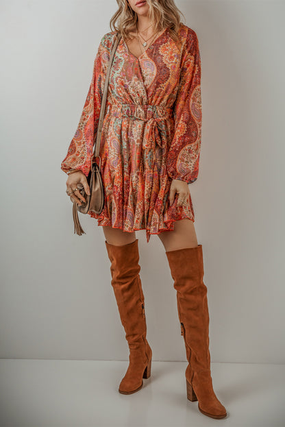 Boho Paisley Print Long Sleeve Pleated Belted Mini Dress | Orange