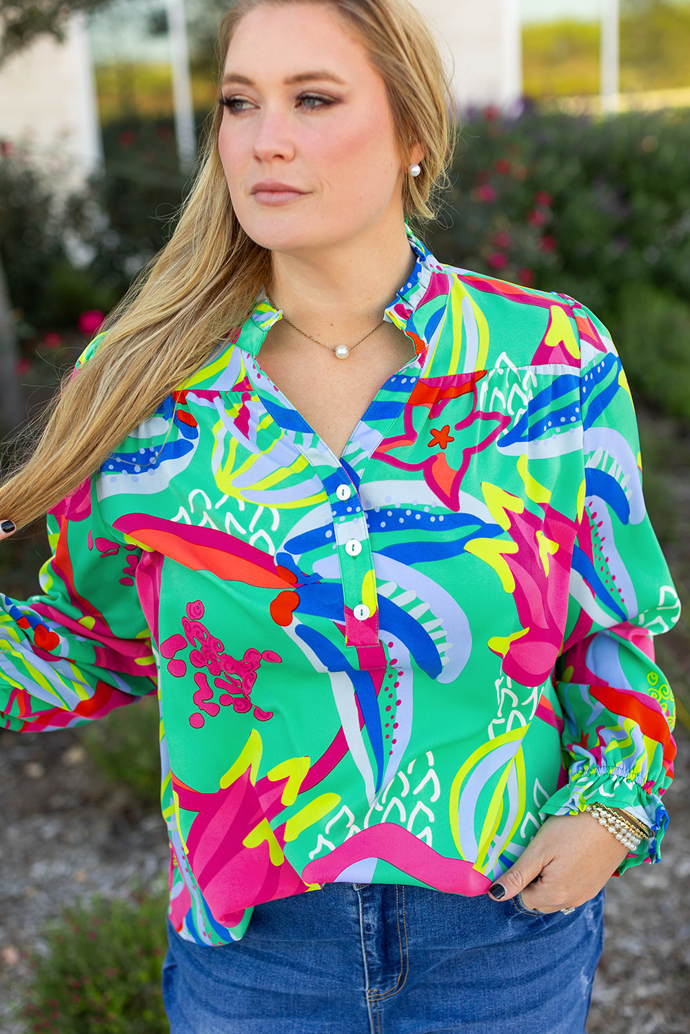 Abstract Printed Flounce Sleeve V Neck Buttoned Plus Size Blouse | Green