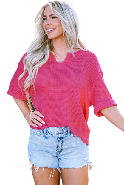 Textured Knit Split Neck Cuffed Short Sleeve Top | Strawberry Pink