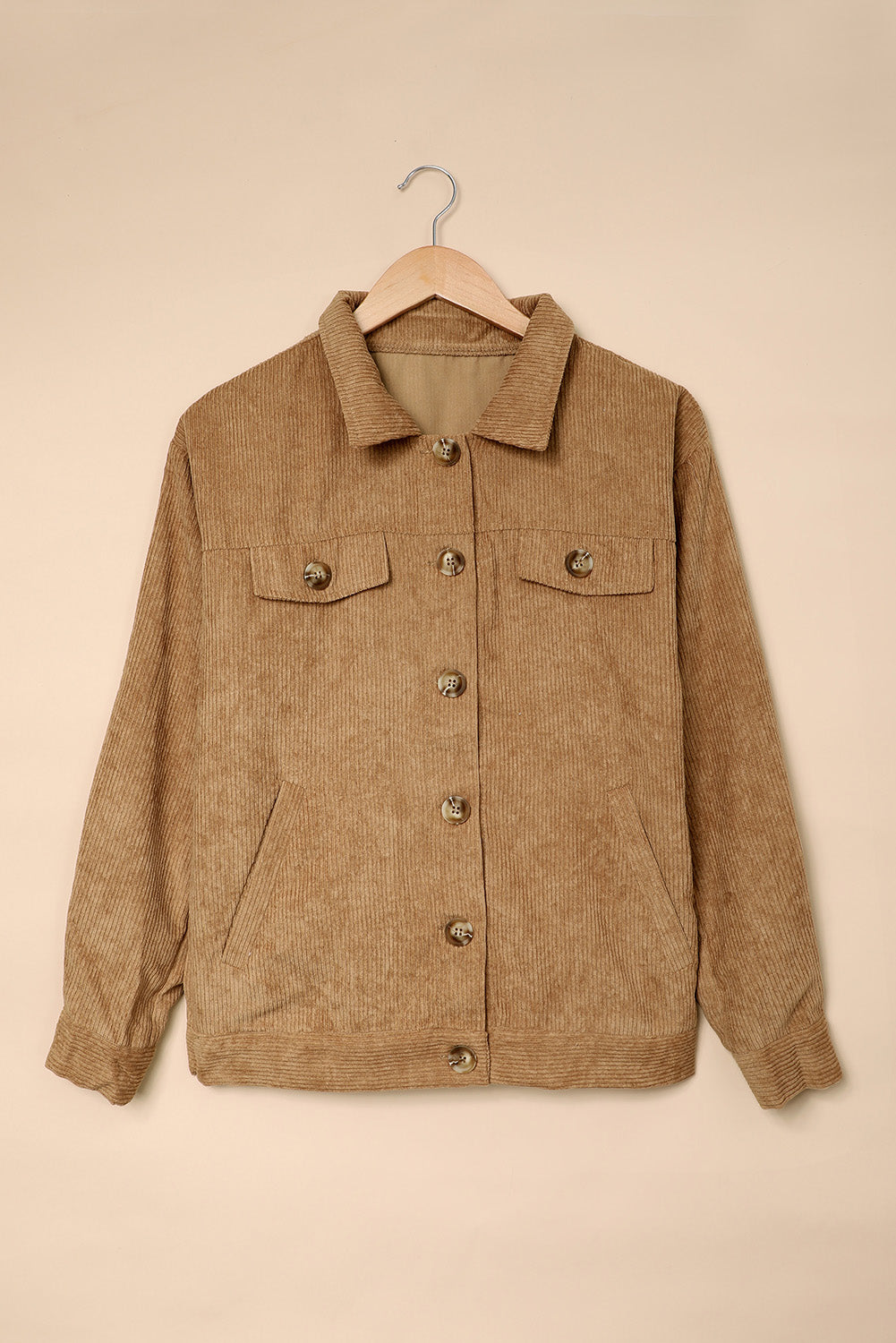 Ribbed Corduroy Long Sleeve Jacket With Pocket | Khaki