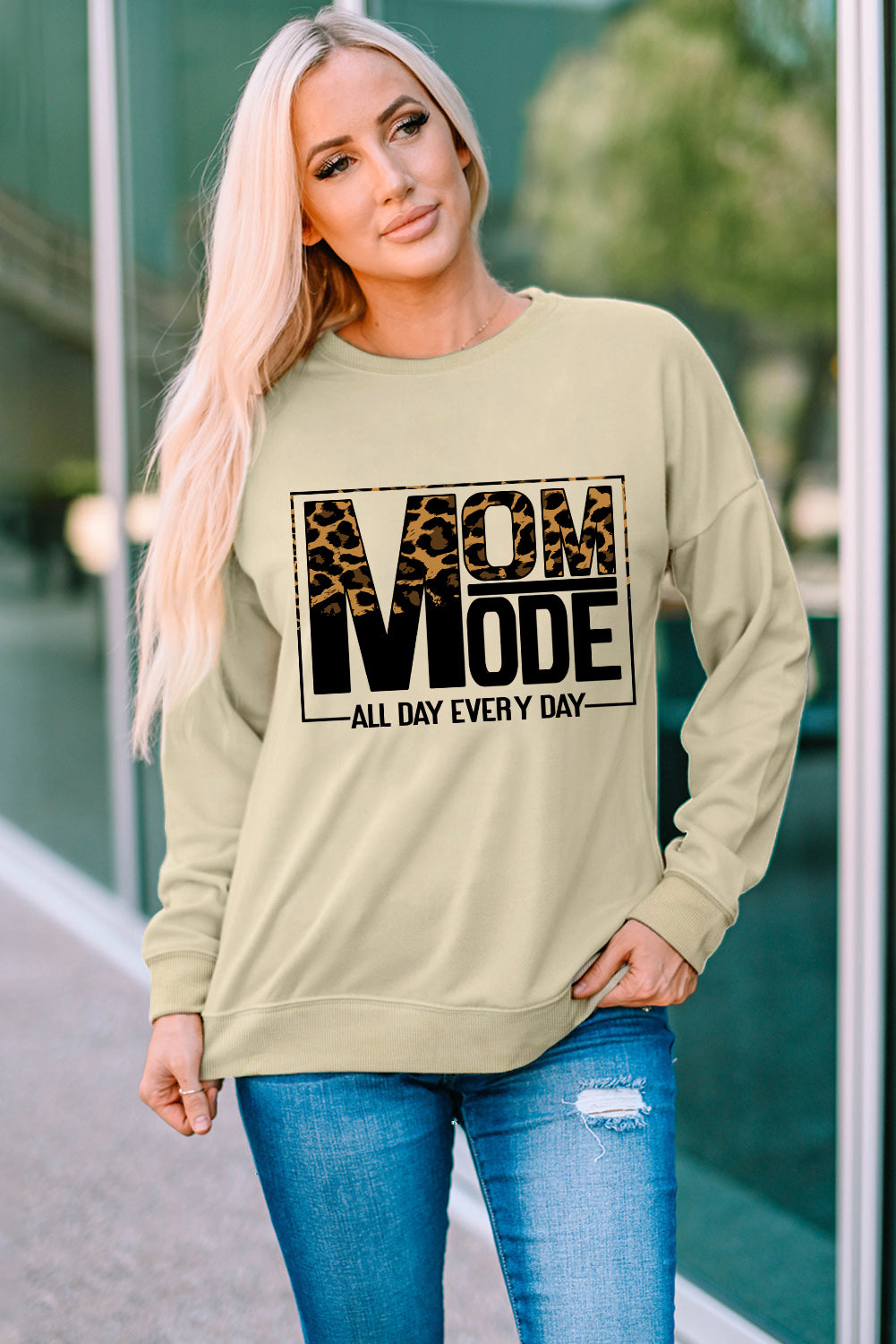 Mom Mode Leopard Print Long Sleeve Sweatshirt | Khaki