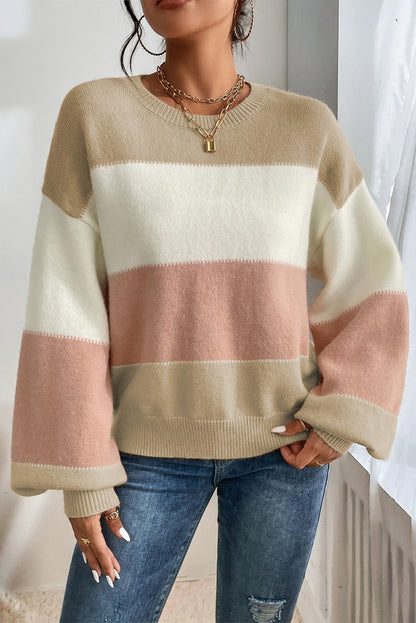 Colour Block Lantern Sleeve Drop Shoulder Sweater | Dusty Pink