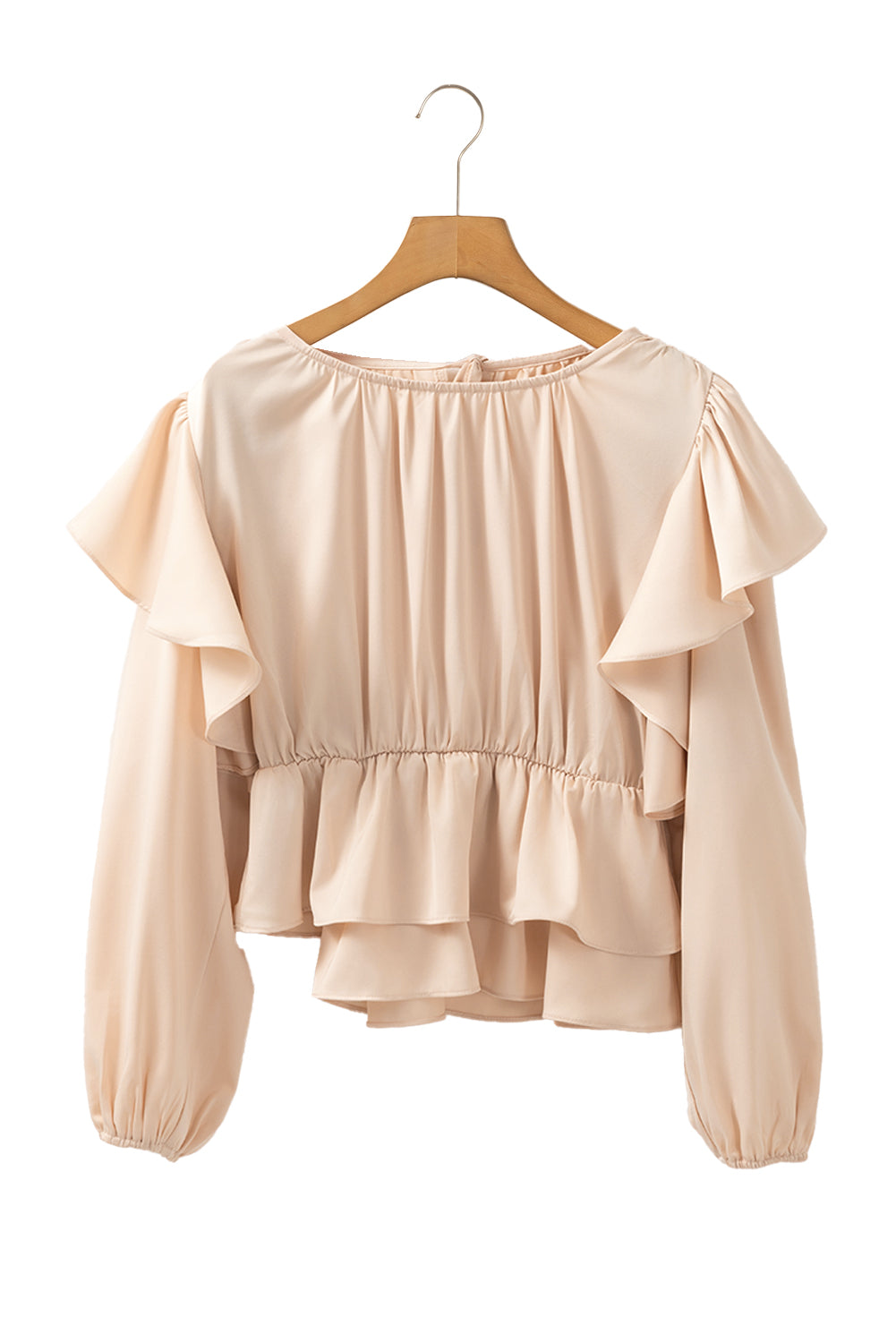 Lace-Up Keyhole Back Ruffled Peplum Blouse | Oatmeal