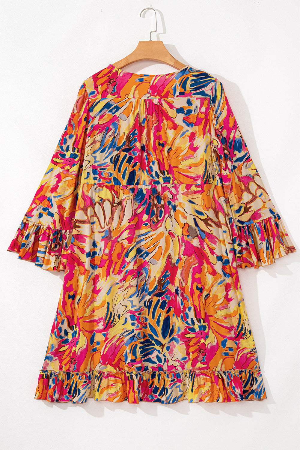 Plant Print Flared Sleeve Ruffled Hem Tunic High Waist Flowy Dress | Pink