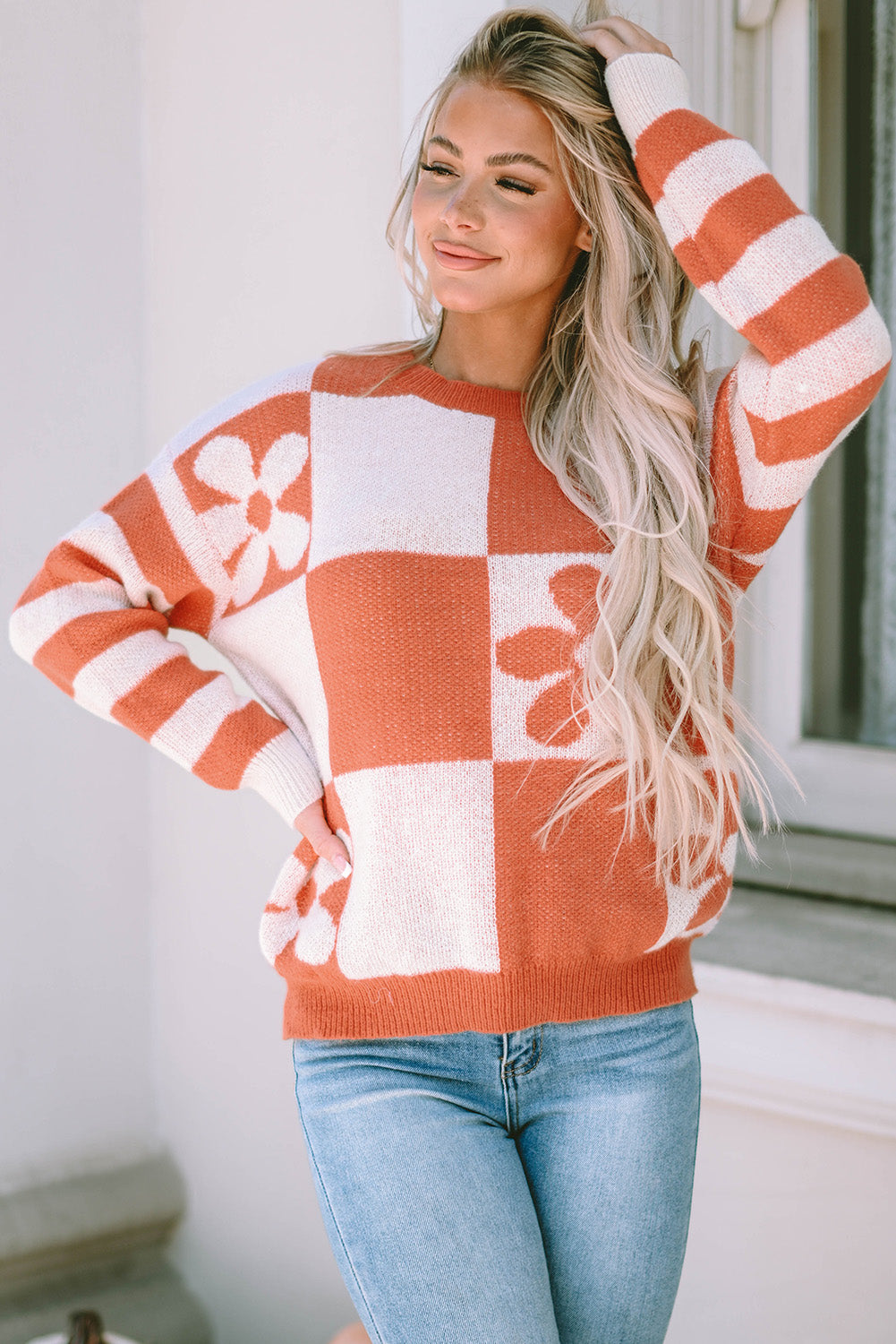 Checkered Floral Print Striped Sleeve Sweater | Brown