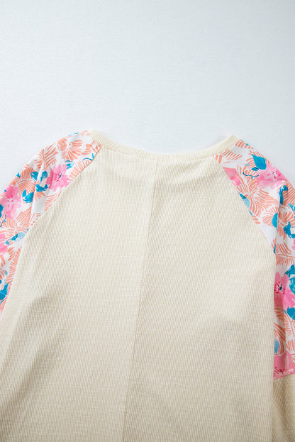 Plus Size Floral Patchwork Ribbed Puff Sleeve Top | Apricot