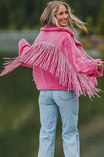 Fringed Full Zipper Fleece Jacket | Pink