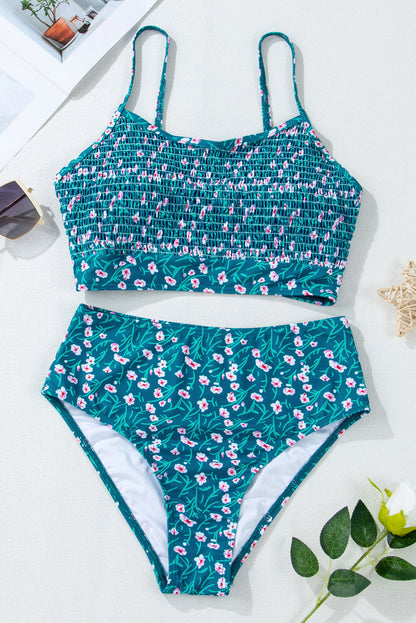 Floral Print Smocked Cute Bikini Set | Blue