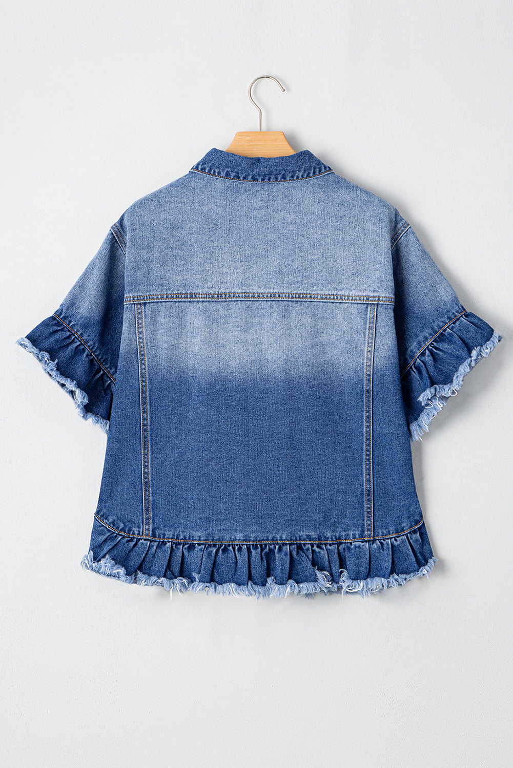 Raw Edge Ruffled Short Sleeve Denim Jacket | Peacock Blue