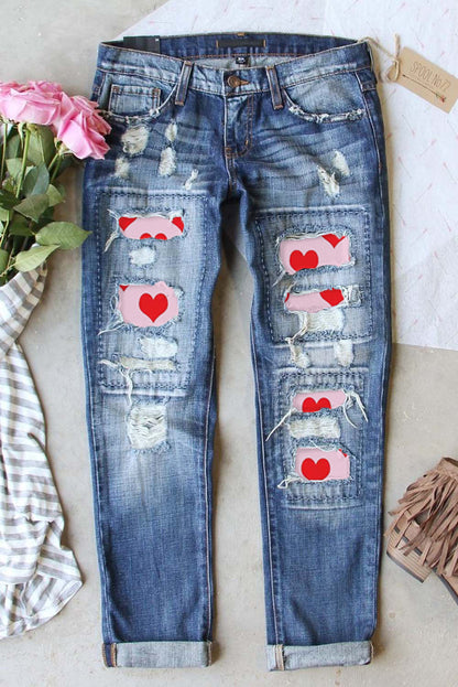 Valentines Day Heart Patchwork Distressed Jeans | Sky Blue