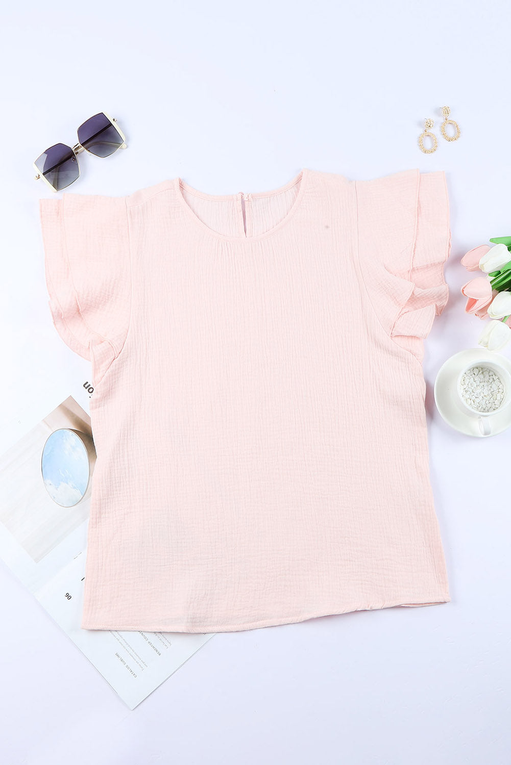 Textured Tiered Ruffled Short Sleeve Blouse | Pink