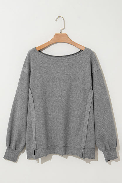 Waffle Knit Bishop Sleeve Split Oversized Top | Gray