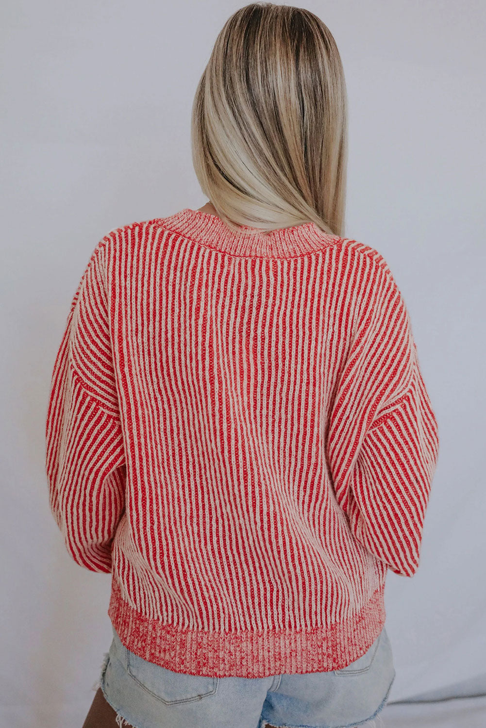 Striped Print Ribbed Trim Round Neck Sweater | Red