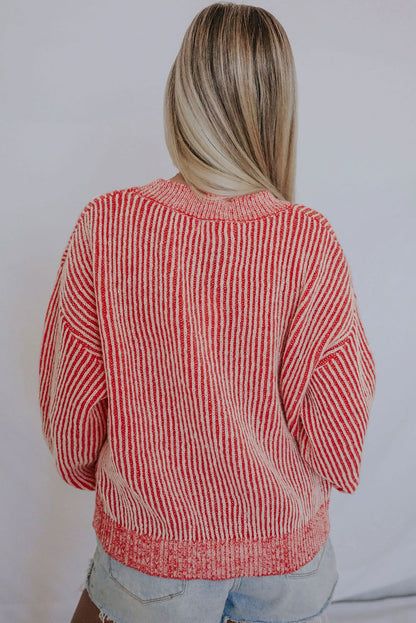 Striped Print Ribbed Trim Round Neck Sweater | Red