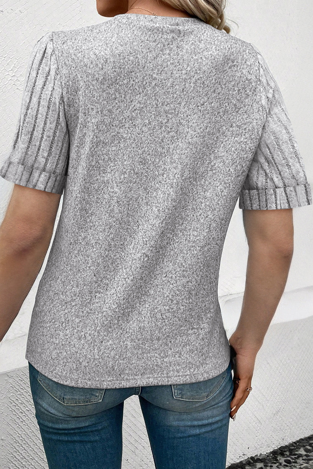 Bow Knot Print Ribbed Knit Sleeve Round Neck Tee | Gray