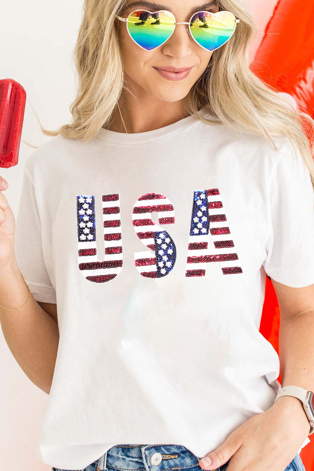 Usa Flag Sequin Patched Round Neck T Shirt | White