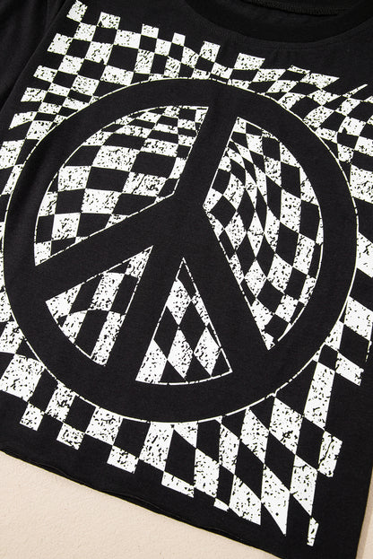 Checkerboard Peace Sign Printed Round Neck T Shirt | Black