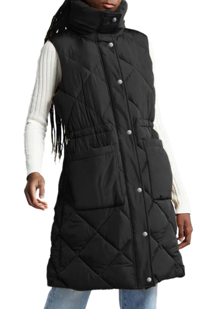 Longline Quilted Stand Collar Puffer Vest | Black