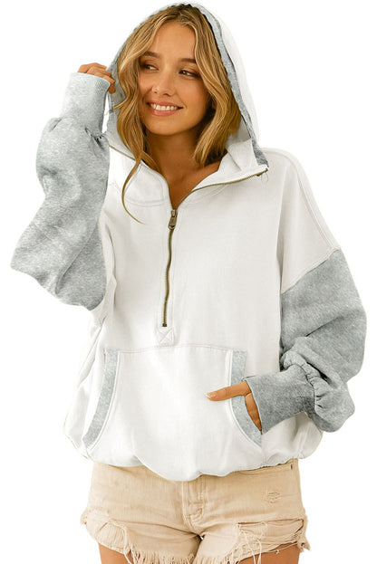 Half Zipper Kangaroo Pocket Drop Shoulder Hoodie | White