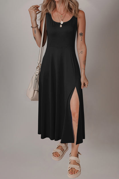 Sleeveless Scoop Neck Flared Split Midi Dress | Black