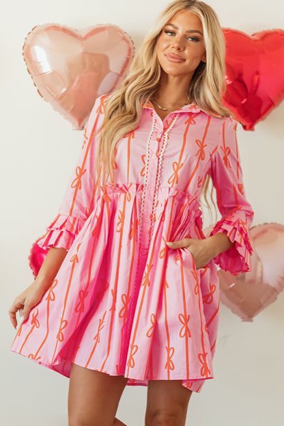 Bowknot Striped Printed Tiered Ruffled Mini Shirt Dress | Pink