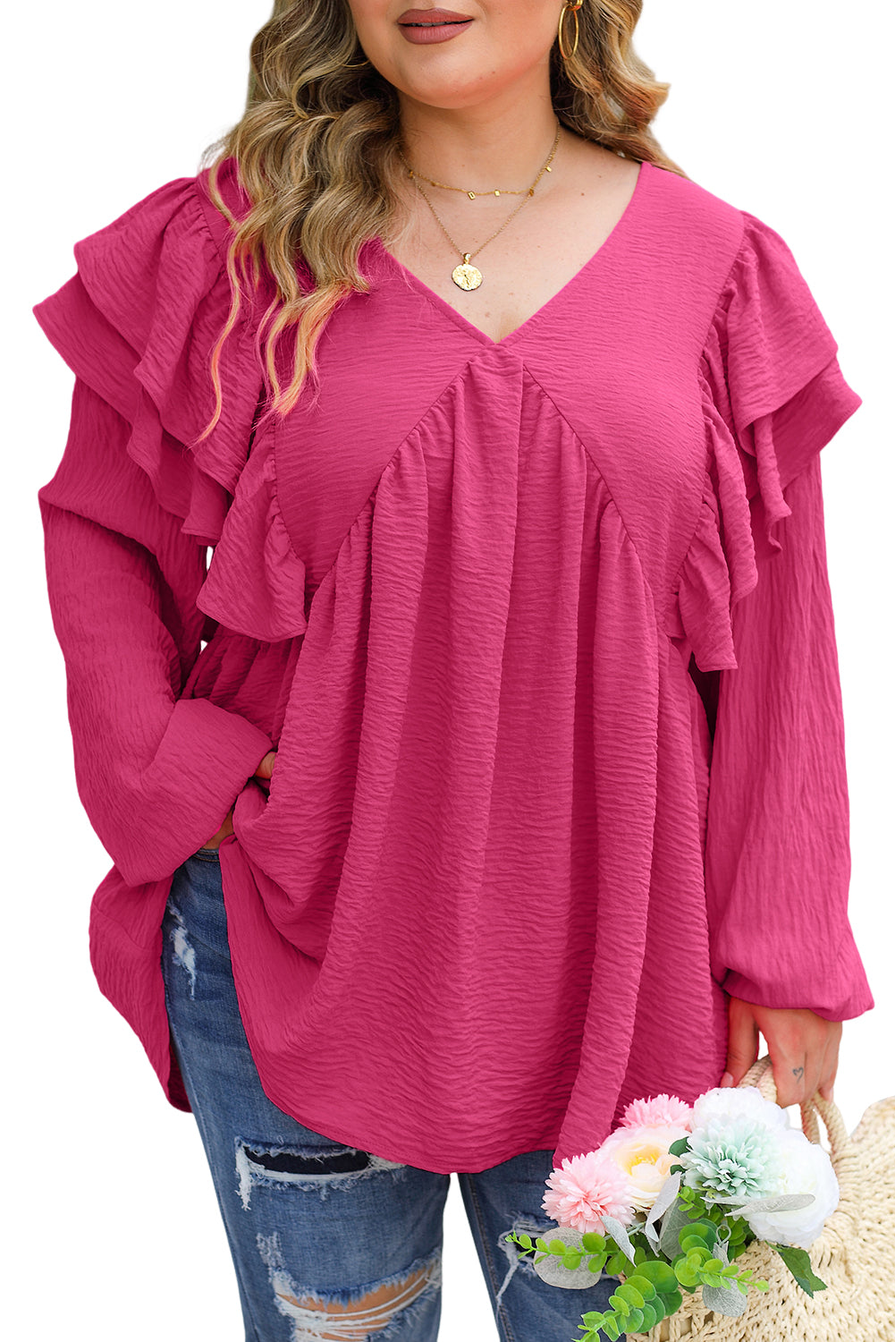 Crinkle Ruffled V Neck Plus Size Blouse | Pink