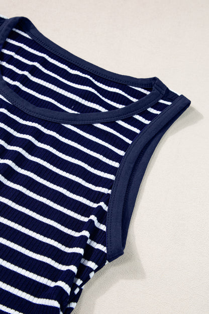 Contrast Round Neck Sleeveless Slim Top | Blue Stripe