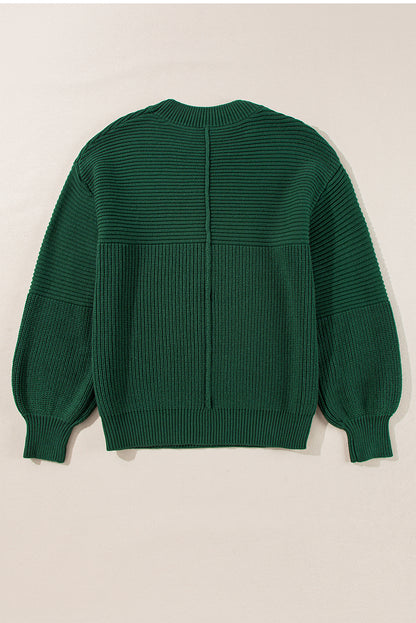 Textured Knit Crewneck Lantern Sleeve Sweater | Blackish Green