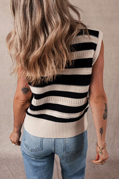 Ribbed Trim Knitted Sweater Vest | Black Stripe