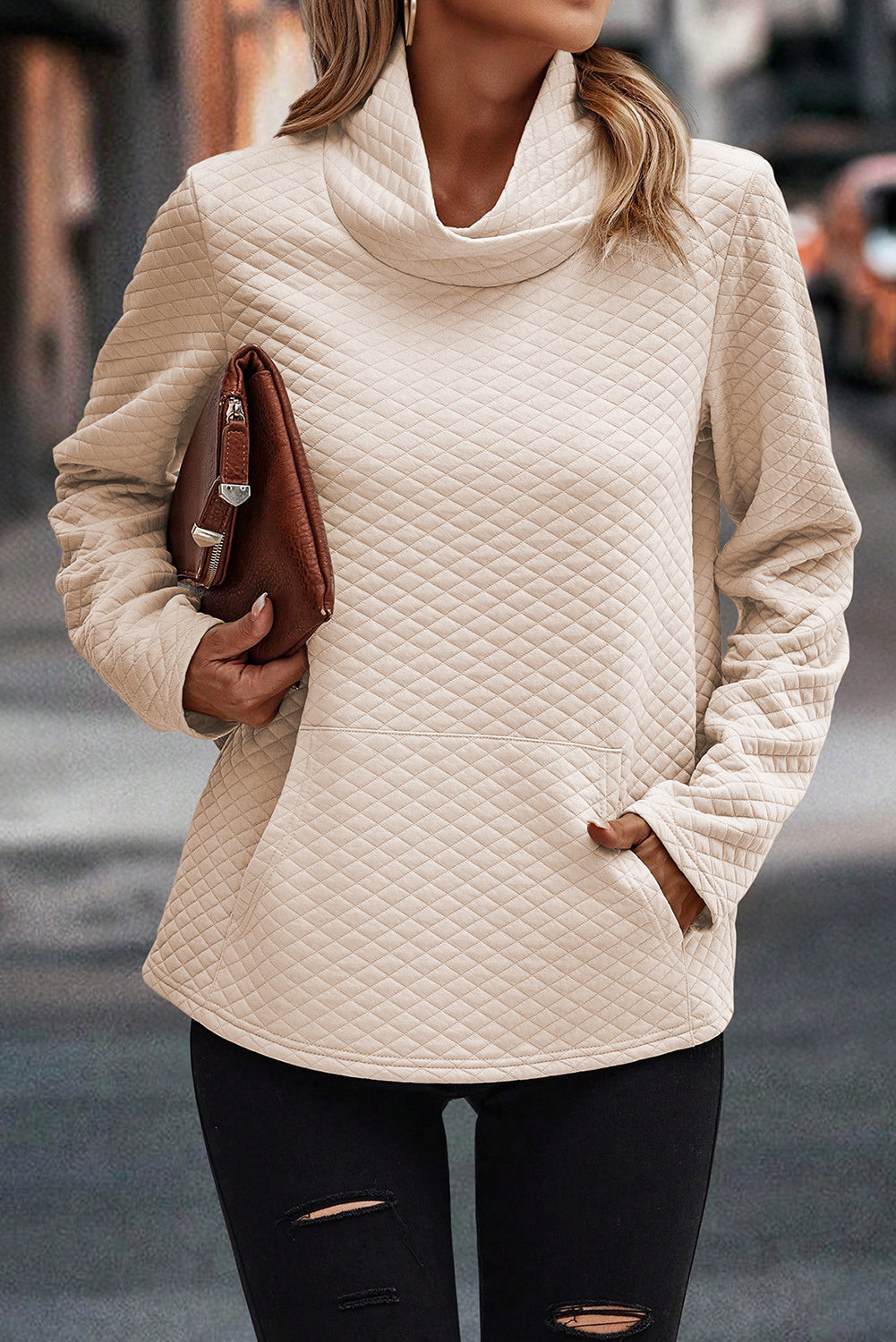 High Neck Kangaroo Pocket Quilted Sweatshirt | Apricot