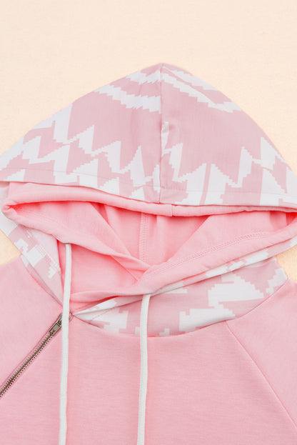 Aztec Print Patchwork Thumb Hole Hoodie | Pink