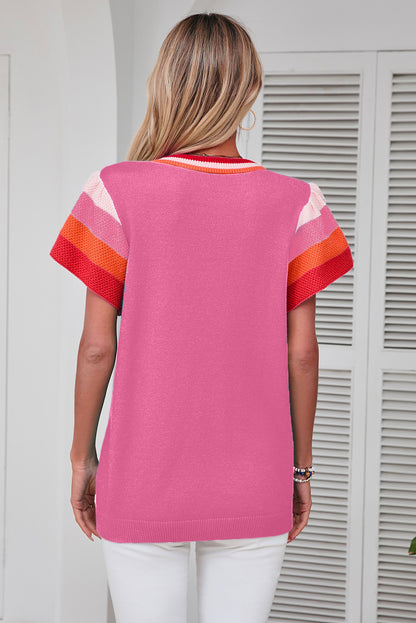 Contrast Flutter Sleeves Knitted Sweater T Shirt | Bright Pink