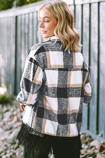 Plaid Snap Button Pocket Fringed Hem Jacket | Black