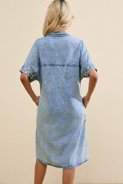 Loose Medium Wash Short Sleeve Shirt Chambray Dress | Light Blue