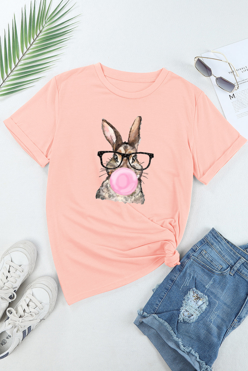 Easter Rabbit Print Round Neck Casual Tee | Pink