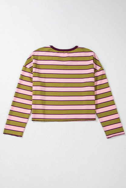 Clashing Stripes Waffle Texture Notched Neck Long Sleeve Top | Spinach Green