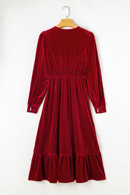 Velvet Buttoned Puff Sleeve V Neck Split Midi Dress | Racing Red