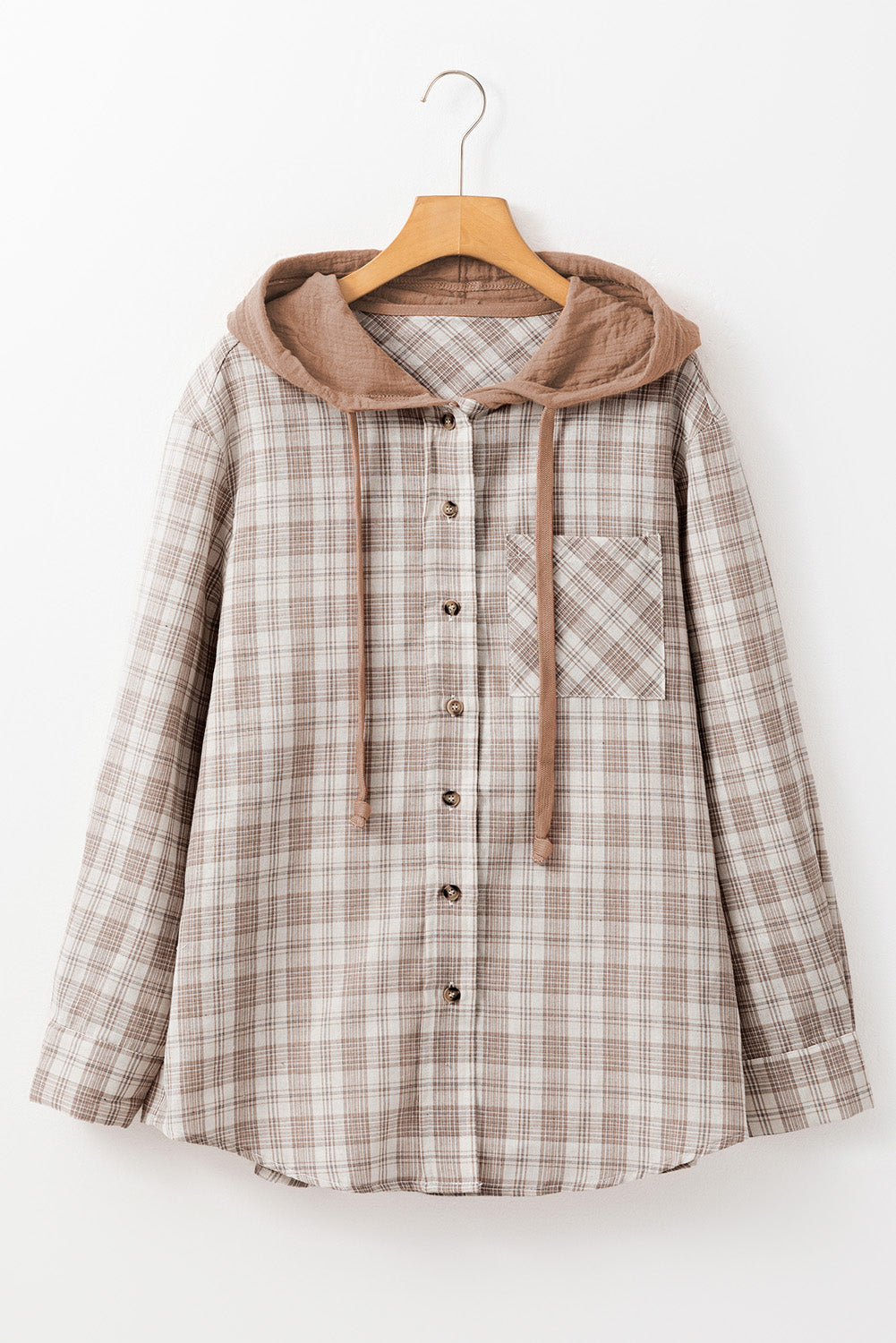 Checkered Print Loose Fit Buttoned Hooded Shacket | Khaki