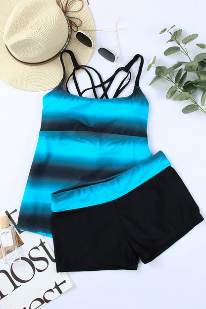 Bluish Strappy Hollow-Out Back Tankini | Blue