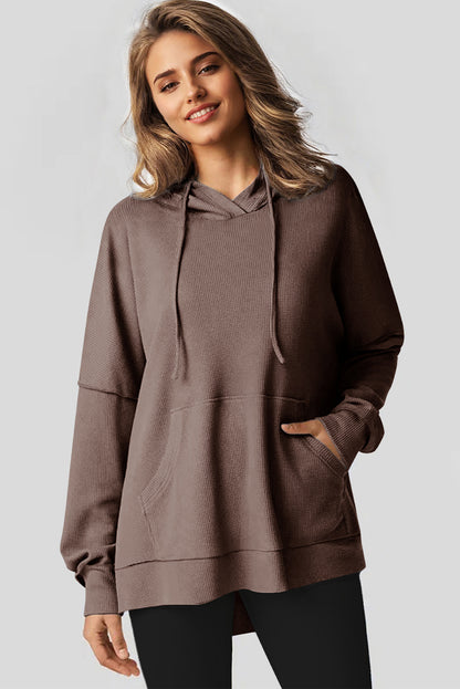 Waffle Knit Fleece Lined High Low Oversized Hoodie | Coffee